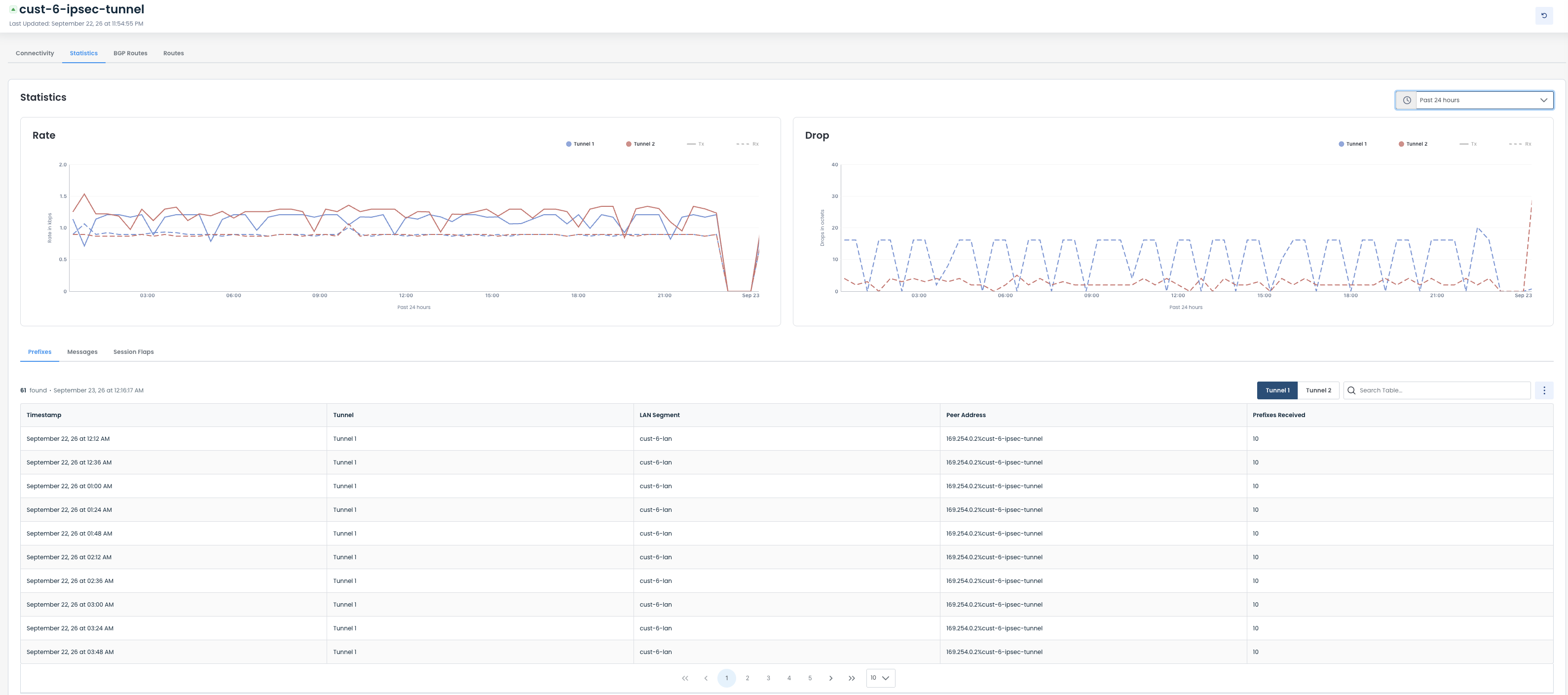 Statistics dashboard displaying tunnel performance metrics over the past 24 hours.